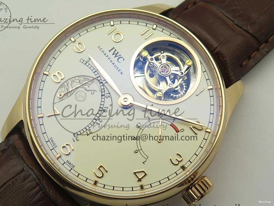 MIROTIME 0223 Portuguese Tourbillon IW504602 RG ZF Best Edition White Dial on Brown Leather Strap Stretchable 7178